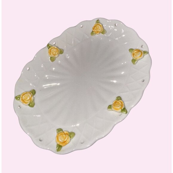 Jakson Japan Yellow Eyelet Rose Soap Dish & Tumbler Set Ceramic Floral Design - Picture 4 of 12